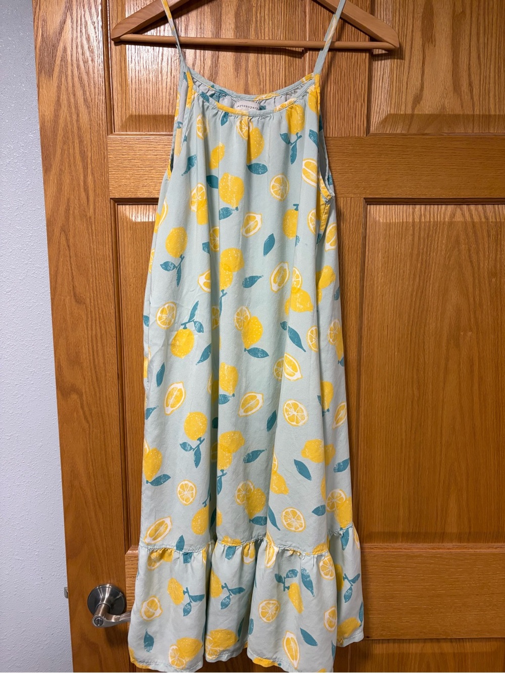 Women's Light Blue Lemon-Print Midi Dress with Spaghetti Straps